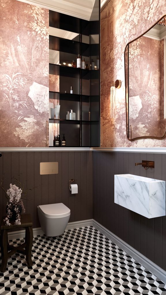 Baie mică de lux cu tapet roz prăfuit cu peisaj, lambriu maro, pardoseală alb-negru geometrică și lavoar din marmură suspendat. Amenajare realizată de Fabiano Interiors, expert design interior Oradea.