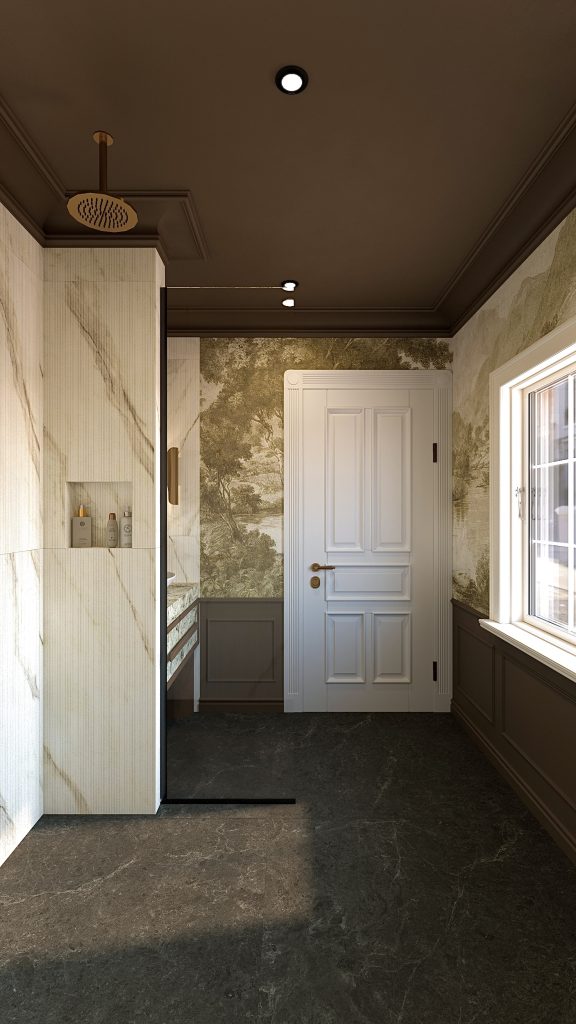 Fabiano Interiors Design Interior Oradea Baie Contemporană cu ancadramente maro, tapet cu motive clasice cu frunze, faianță elegantă din marmură