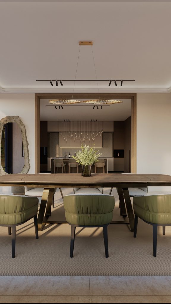 Amenajare dining cu oglindă cu ramă de piatră și decorațiuni moderne Amenajare realizată de Fabiano Interiors, expert design interior Oradea.