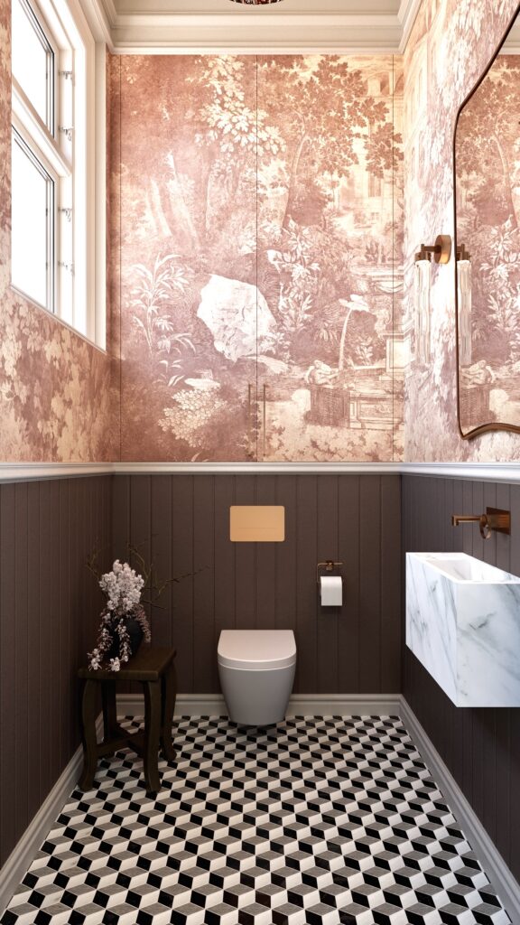 Baie mică de lux cu tapet roz prăfuit cu peisaj, lambriu maro, pardoseală alb-negru geometrică și lavoar din marmură suspendat. Amenajare realizată de Fabiano Interiors, expert design interior Oradea.