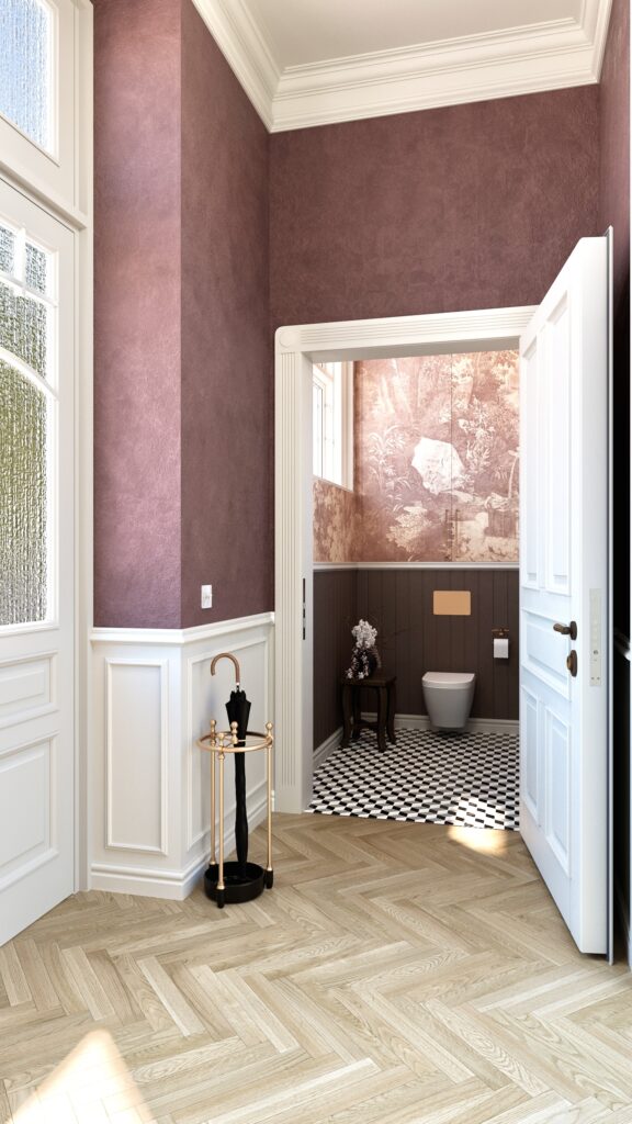 Baie mică de lux cu tapet roz prăfuit cu peisaj, lambriu maro, pardoseală alb-negru geometrică și lavoar din marmură suspendat. Amenajare realizată de Fabiano Interiors, expert design interior Oradea.
