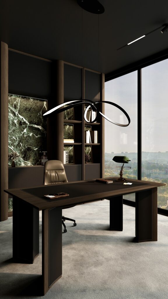 Birou corporate modern, design interior realizat de Fabiano Interiors în Oradea, cu mobilier personalizat, piatră naturală, iluminat premium și randare 3D fotorealistă. Amenajare realizată de Fabiano Interiors, expert design interior Oradea.