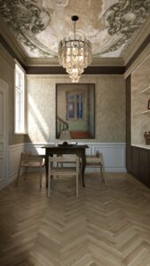 Bucătărie luxoasă cu tavan cu frescă, candelabru mare de sticlă, mobilă maro închis, nișă din piatră bej și masă de dining din lemn.