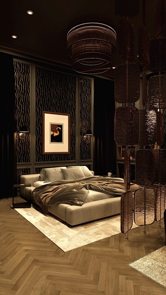 Dormitor luxos dark cu canapea curbă maro, paravan despărțitor din sticlă, tavan negru, parchet chevron și candelabru modern fluid. Amenajare realizată de Fabiano Interiors, expert design interior Oradea.
