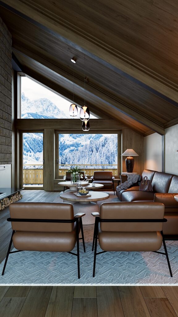 Living modern tip chalet, design interior realizat de Fabiano Interiors în Oradea, cu finisaje din lemn natural, mobilier premium și randare 3D fotorealistă. Amenajare realizată de Fabiano Interiors, expert design interior Oradea.