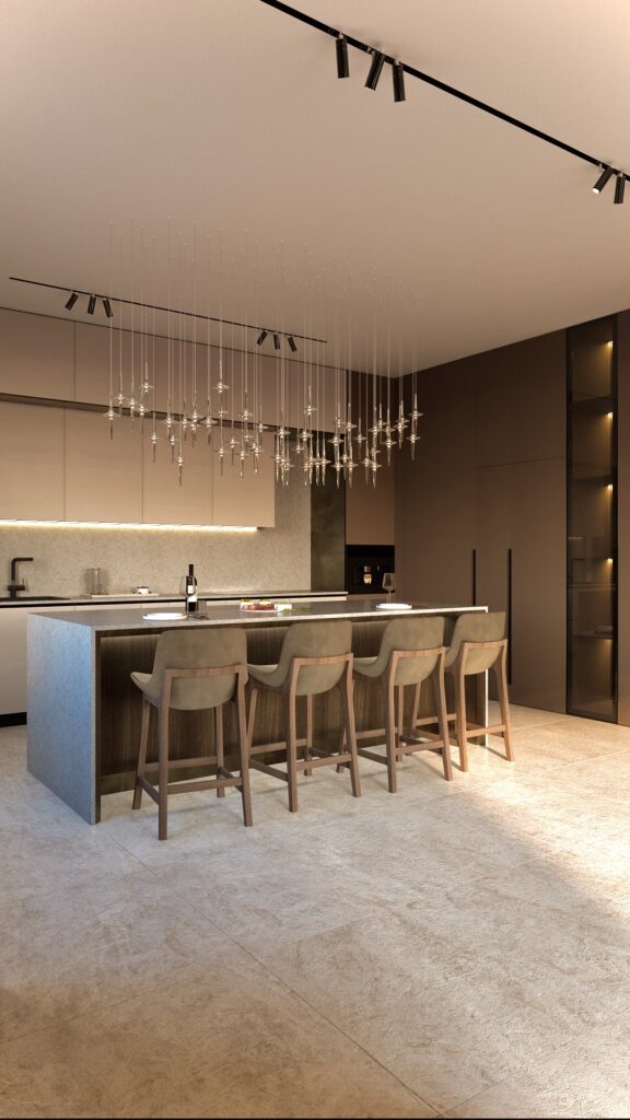Design interior bucătărie modernă Oradea cu insulă și scaune de bar elegante