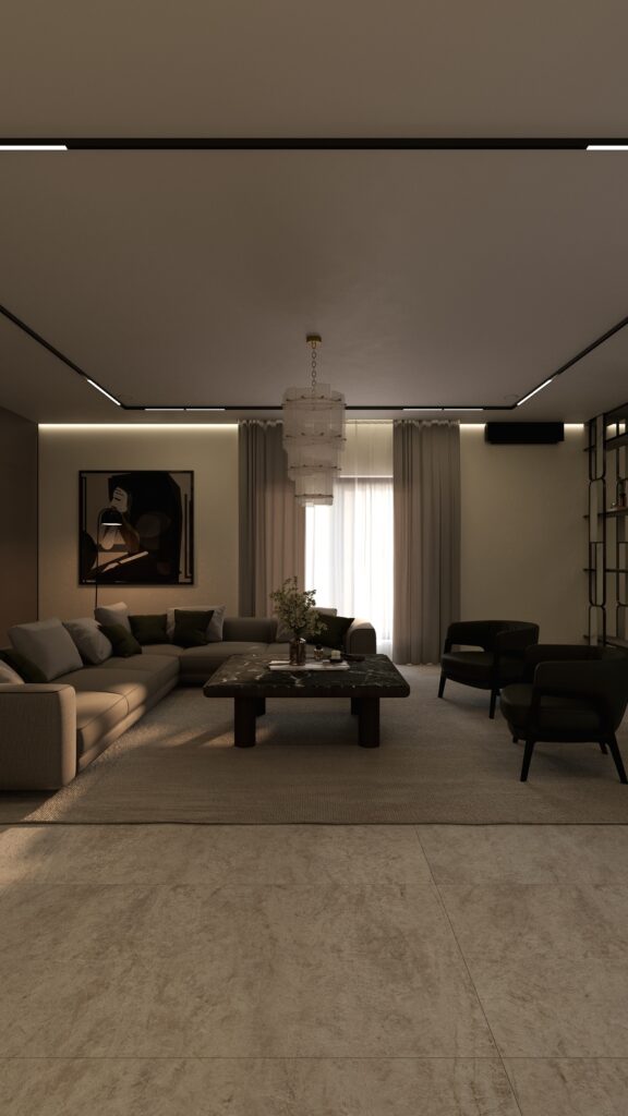 Living contemporan spațios cu canapea modulară grej, fotolii negre, masă de cafea din marmură neagră, candelabru sculptural și artă murală abstractă, cu iluminat LED pe tavan.