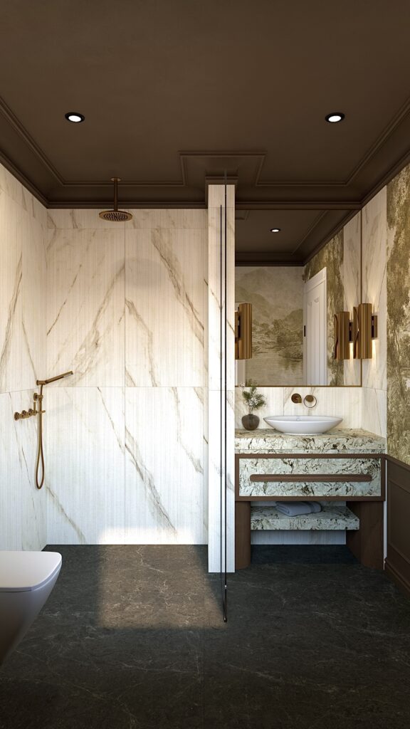 Fabiano Interiors Design Interior Oradea Baie Contemporană cu ancadramente maro, tapet cu motive clasice cu frunze, faianță elegantă din marmură