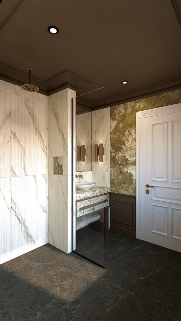 Fabiano Interiors Design Interior Oradea Baie Contemporană cu ancadramente maro, tapet cu motive clasice cu frunze, faianță elegantă din marmură