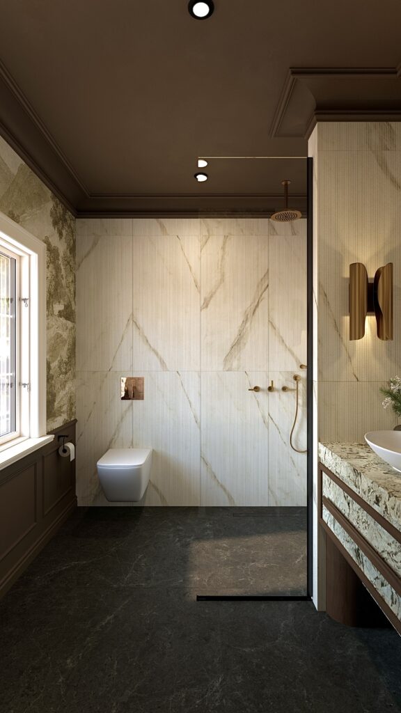 Fabiano Interiors Design Interior Oradea Baie Contemporană cu ancadramente maro, tapet cu motive clasice cu frunze, faianță elegantă din marmură Amenajare realizată de Fabiano Interiors, expert design interior Oradea.