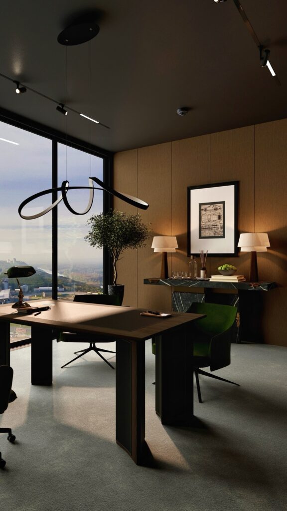 Birou corporate modern, design interior realizat de Fabiano Interiors în Oradea, cu mobilier personalizat, piatră naturală, iluminat premium și randare 3D fotorealistă. Amenajare realizată de Fabiano Interiors, expert design interior Oradea.