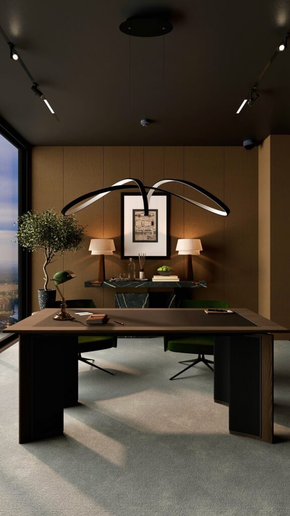 Birou corporate modern, design interior realizat de Fabiano Interiors în Oradea, cu mobilier personalizat, piatră naturală, iluminat premium și randare 3D fotorealistă. Amenajare realizată de Fabiano Interiors, expert design interior Oradea.