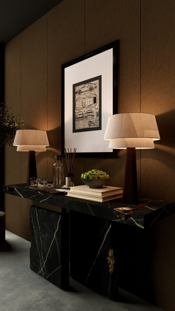 Consola din marmură neagră cu lămpi de masă gemene și fundal din panouri de lemn, design Fabiano Interiors. Amenajare realizată de Fabiano Interiors, expert design interior Oradea.