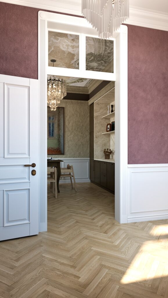 Bucătărie luxoasă cu tavan cu frescă, candelabru mare de sticlă, mobilă maro închis, nișă din piatră bej și masă de dining din lemn. Amenajare realizată de Fabiano Interiors, expert design interior Oradea.