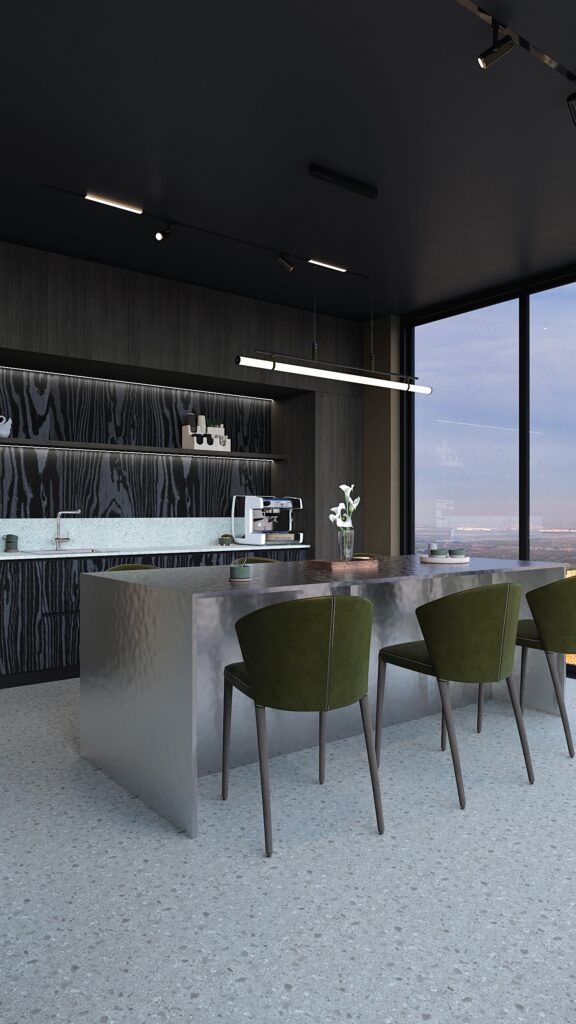 Bucătărie office modernă Oradea cu insulă de metal inox scaune verzi și pardoseală terrazzo design Fabiano Interiors.
