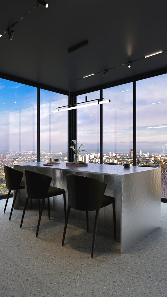 Bucătărie office modernă Oradea cu insulă de metal inox scaune verzi și pardoseală terrazzo design Fabiano Interiors. Amenajare realizată de Fabiano Interiors, expert design interior Oradea.