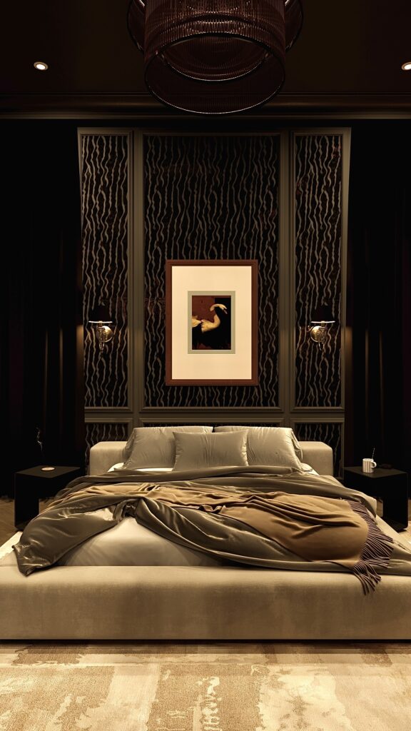 Dormitor luxos dark cu canapea curbă maro, paravan despărțitor din sticlă, tavan negru, parchet chevron și candelabru modern fluid. Amenajare realizată de Fabiano Interiors, expert design interior Oradea.