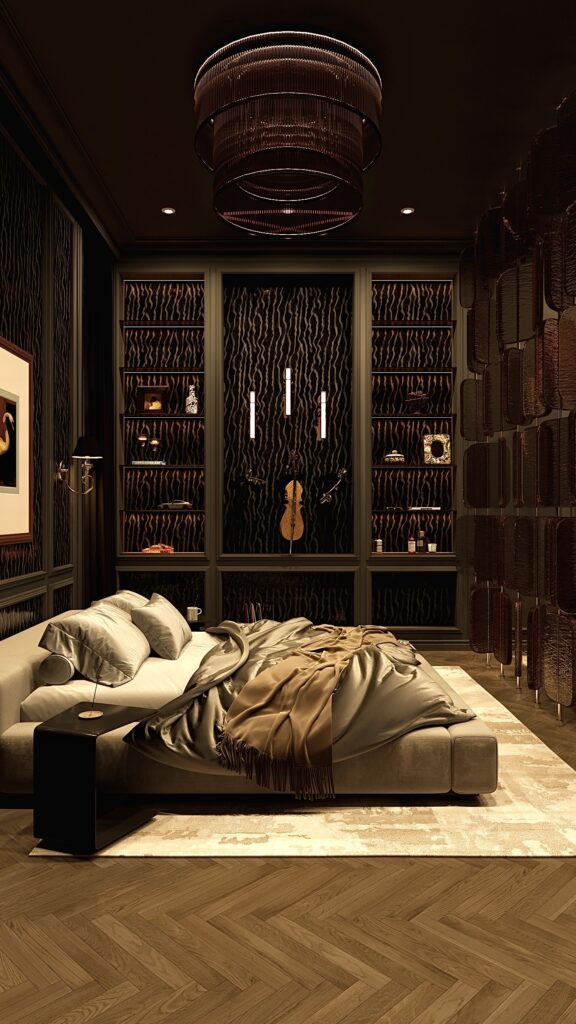 Dormitor luxos dark cu canapea curbă maro, paravan despărțitor din sticlă, tavan negru, parchet chevron și candelabru modern fluid. Amenajare realizată de Fabiano Interiors, expert design interior Oradea.
