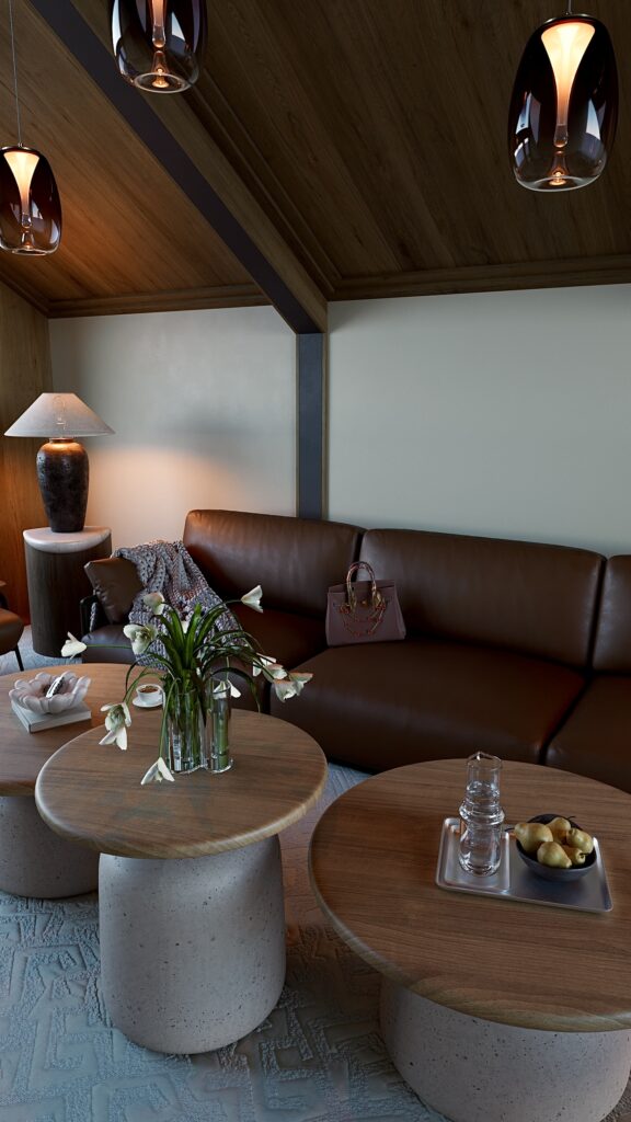 Living modern tip chalet, design interior realizat de Fabiano Interiors în Oradea, cu finisaje din lemn natural, mobilier premium și randare 3D fotorealistă. Amenajare realizată de Fabiano Interiors, expert design interior Oradea.