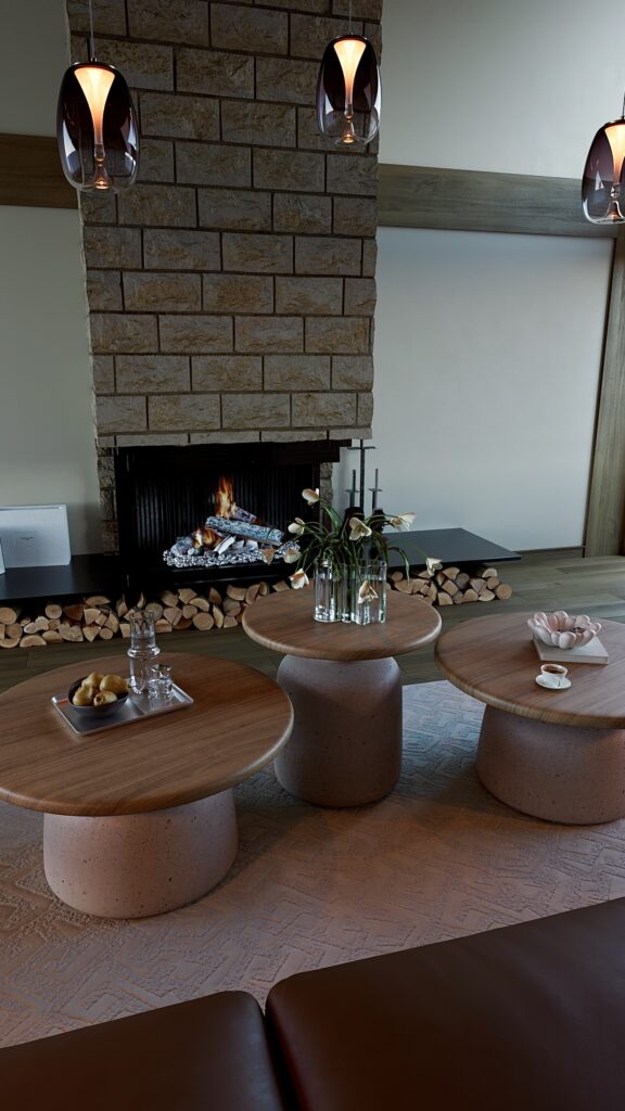 Living modern tip chalet, design interior realizat de Fabiano Interiors în Oradea, cu finisaje din lemn natural, mobilier premium și randare 3D fotorealistă. Amenajare realizată de Fabiano Interiors, expert design interior Oradea.