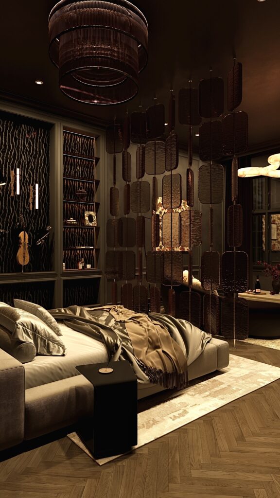 Dormitor luxos dark cu canapea curbă maro, paravan despărțitor din sticlă, tavan negru, parchet chevron și candelabru modern fluid. Amenajare realizată de Fabiano Interiors, expert design interior Oradea.