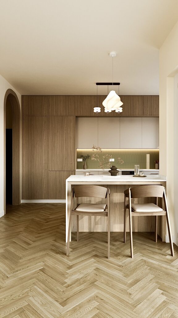 Design interior bucătărie modernă Japandi cu insulă din piatră, mobilier din lemn natural și parchet herringbone - proiect Fabiano Interiors Oradea