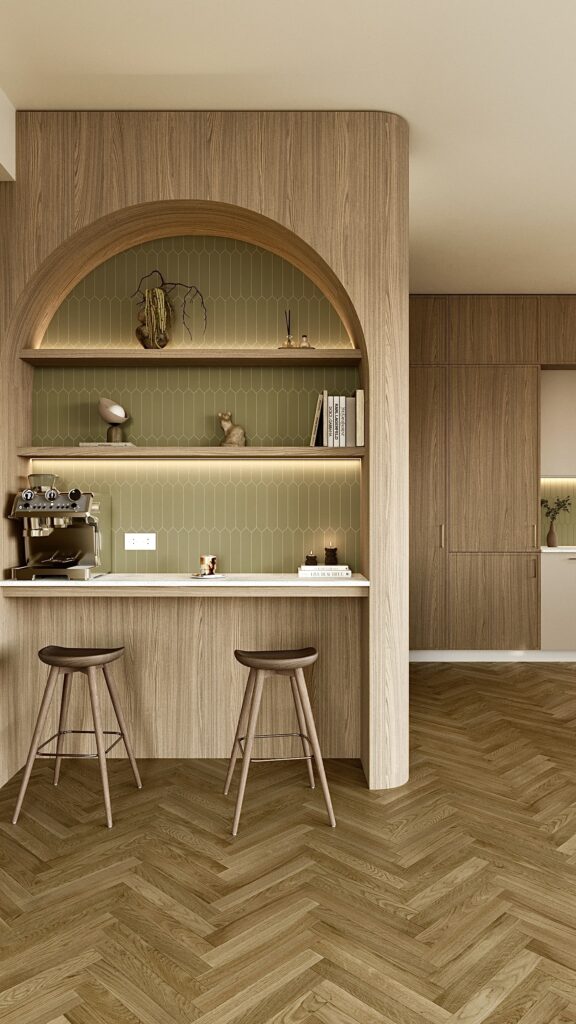 Coffee bar modern cu nișă arcuită din lemn, rafturi iluminate și backsplash verde – design interior bucătărie Japandi Fabiano Interiors Amenajare realizată de Fabiano Interiors, expert design interior Oradea.