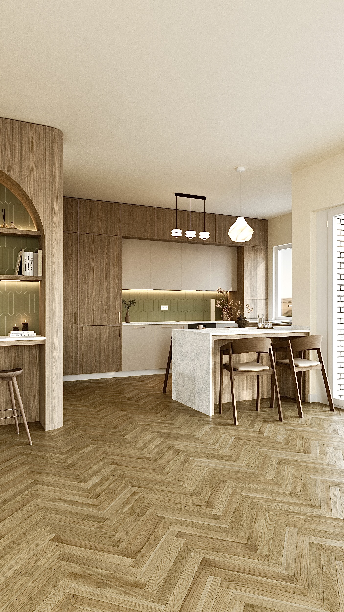 Bucătărie open space Japandi cu mobilier din lemn natural, insulă de bucătărie și parchet herringbone – design interior Fabiano Interiors Oradea Amenajare realizată de Fabiano Interiors, expert design interior Oradea.