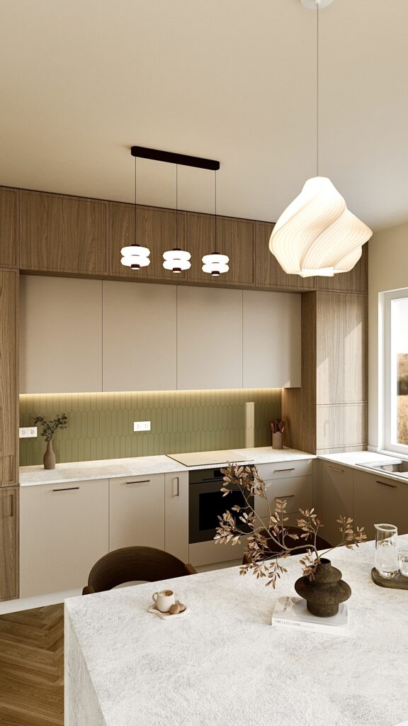Design interior bucătărie modernă Japandi cu insulă din piatră, mobilier din lemn natural și parchet herringbone - proiect Fabiano Interiors Oradea Amenajare realizată de Fabiano Interiors, expert design interior Oradea.