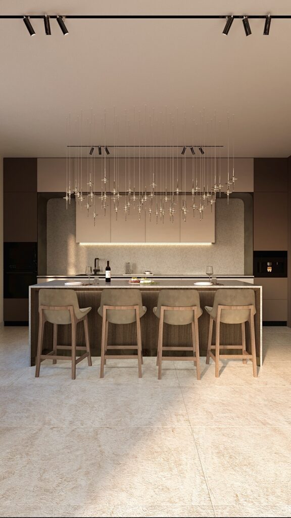 Design interior bucătărie modernă Oradea cu insulă și scaune de bar elegante Amenajare realizată de Fabiano Interiors, expert design interior Oradea.