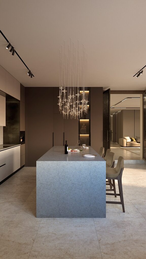 Perspectivă laterală insulă bucătărie gri cu blat de piatră și pardoseală ceramică Amenajare realizată de Fabiano Interiors, expert design interior Oradea.