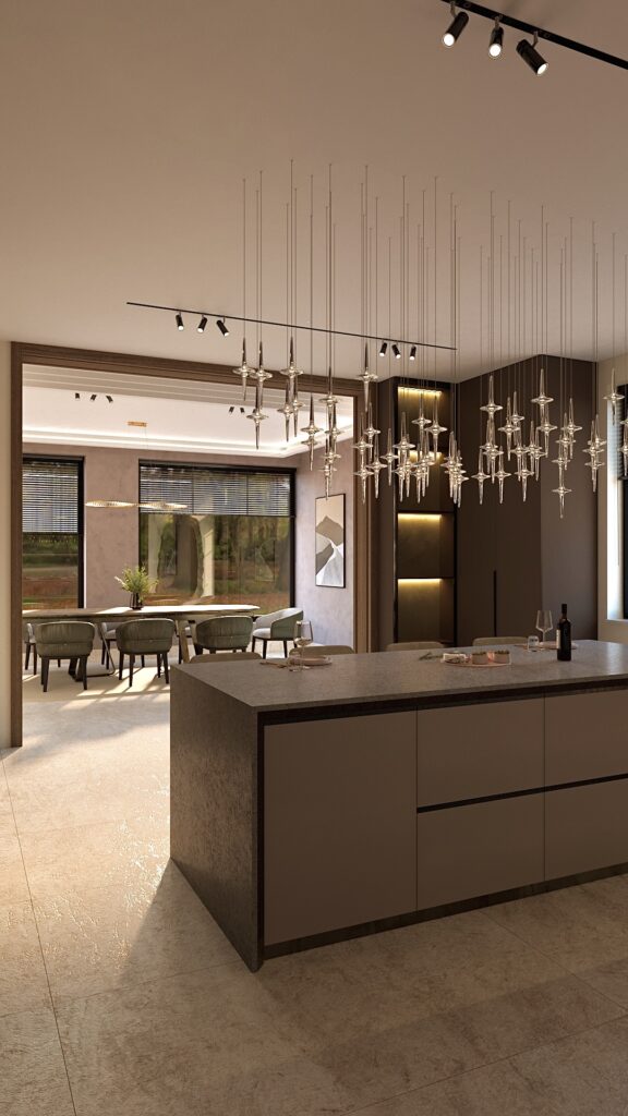 Mobilier bucătărie la comandă Oradea cu vitrine luminate și spoturi magnetice Amenajare realizată de Fabiano Interiors, expert design interior Oradea.