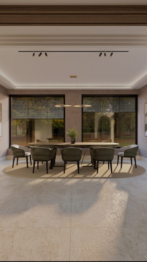 Design dining modern Oradea cu masă de lemn și scaune verzi Amenajare realizată de Fabiano Interiors, expert design interior Oradea.