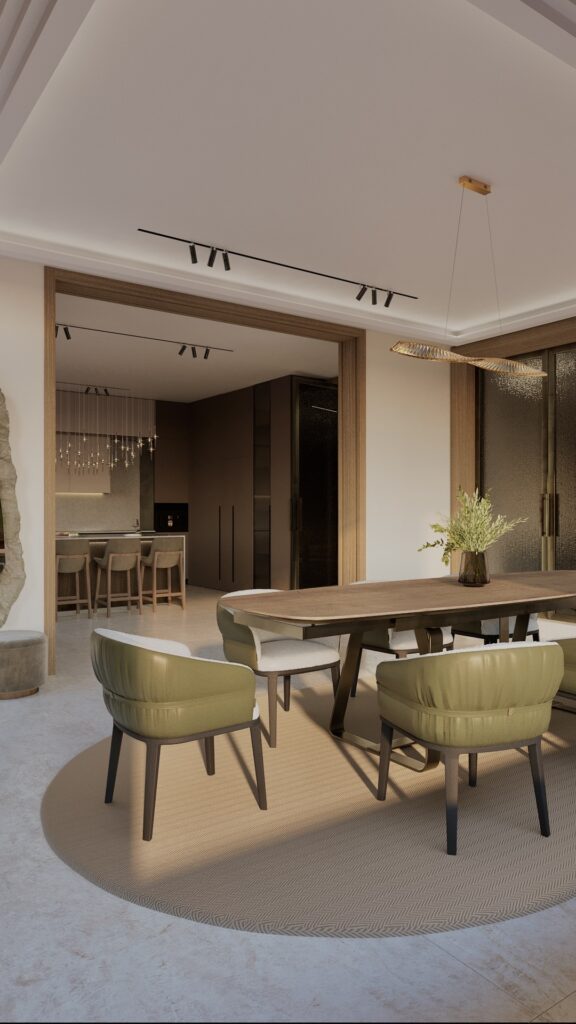 Design dining modern Oradea cu masă de lemn și scaune verzi Amenajare realizată de Fabiano Interiors, expert design interior Oradea.