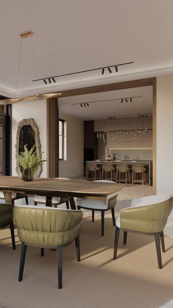 Design dining modern Oradea cu masă de lemn și scaune verzi Amenajare realizată de Fabiano Interiors, expert design interior Oradea.