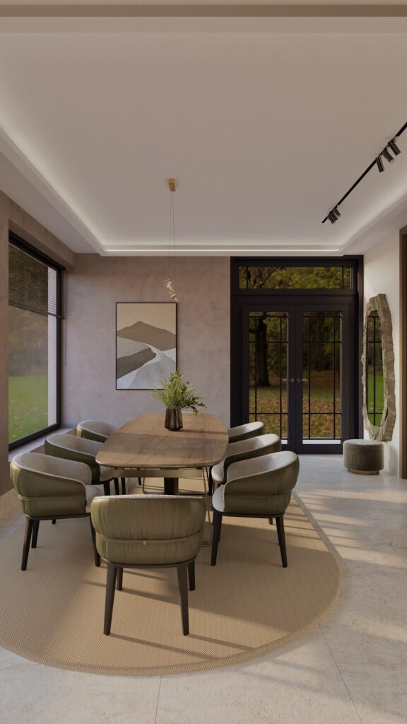 Amenajare dining cu oglindă cu ramă de piatră și decorațiuni moderne Amenajare realizată de Fabiano Interiors, expert design interior Oradea.