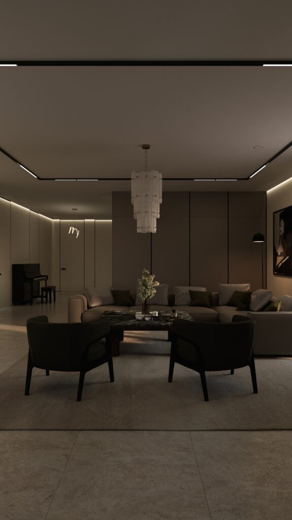 Living contemporan spațios cu canapea modulară grej, fotolii negre, masă de cafea din marmură neagră, candelabru sculptural și artă murală abstractă, cu iluminat LED pe tavan. Amenajare realizată de Fabiano Interiors, expert design interior Oradea.