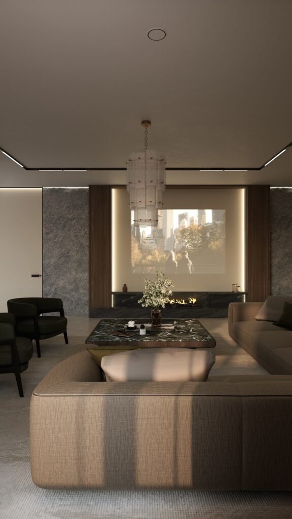 Living contemporan spațios cu canapea modulară grej, fotolii negre, masă de cafea din marmură neagră, candelabru sculptural și artă murală abstractă, cu iluminat LED pe tavan. Amenajare realizată de Fabiano Interiors, expert design interior Oradea.
