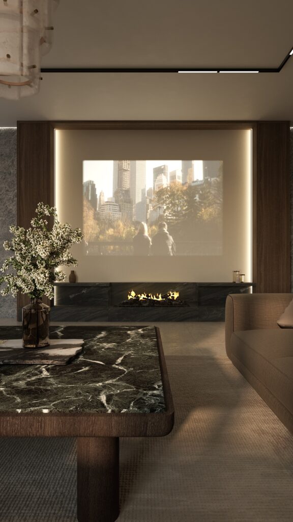 Living contemporan spațios cu canapea modulară grej, fotolii negre, masă de cafea din marmură neagră, candelabru sculptural și artă murală abstractă, cu iluminat LED pe tavan. Amenajare realizată de Fabiano Interiors, expert design interior Oradea.