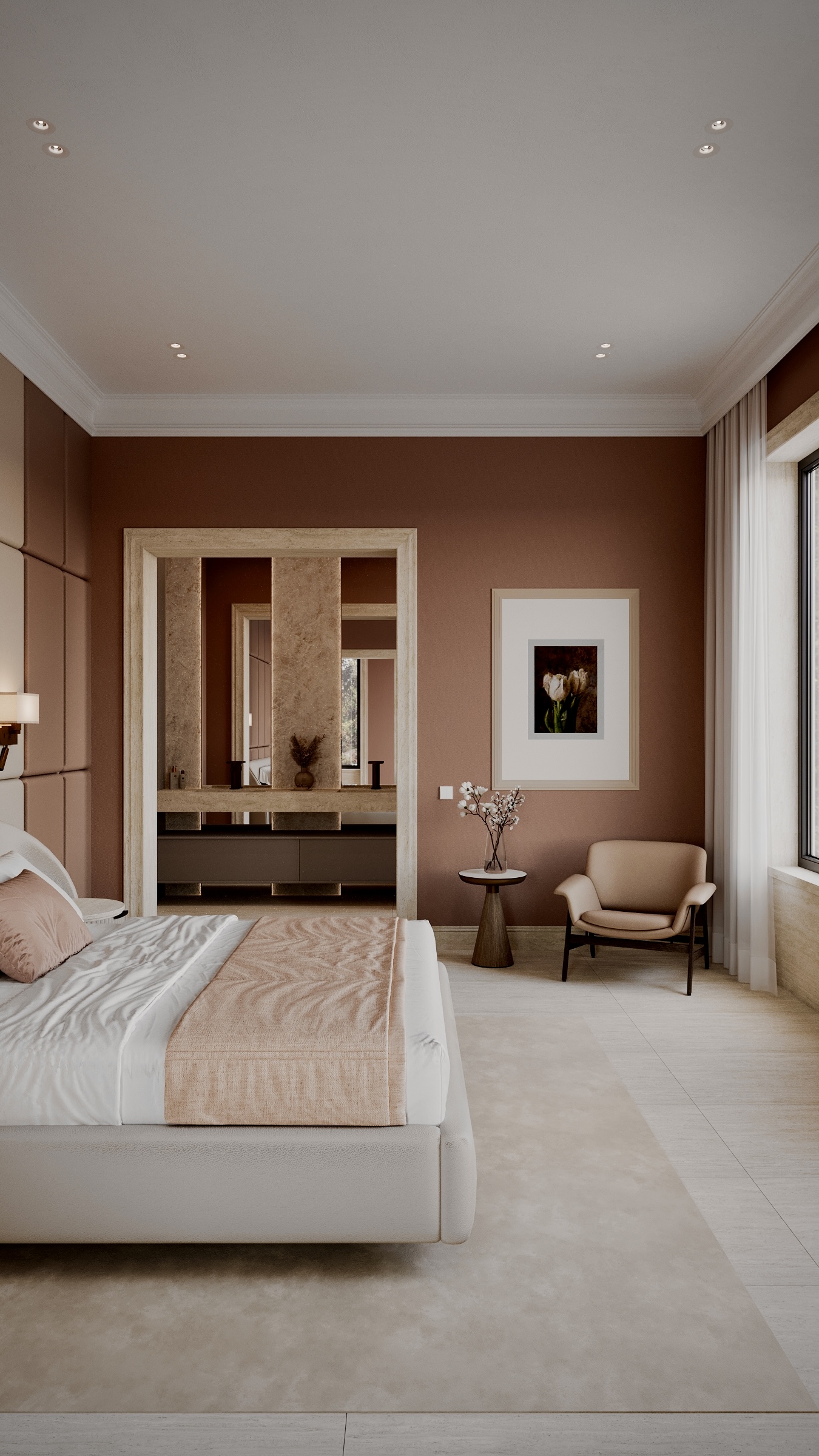 Dormitor hotel de lux cu acces către baie, perete accent teracotă, fotoliu confortabil și finisaje premium design interior Oradea Amenajare realizată de Fabiano Interiors, expert design interior Oradea.
