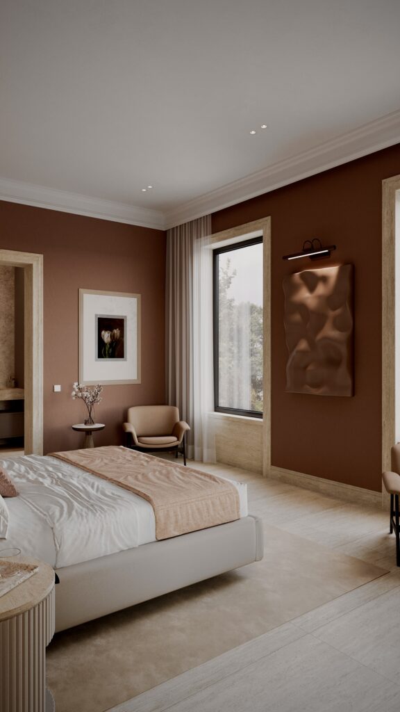 Dormitor modern cu perete teracotă, pat tapițat crem și birou minimalist, design Fabiano Interiors. Amenajare realizată de Fabiano Interiors, expert design interior Oradea.