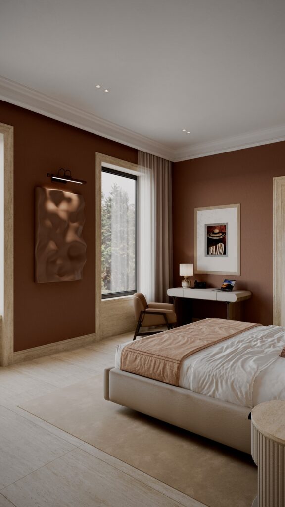 Dormitor modern cu perete teracotă, pat tapițat crem și birou minimalist, design Fabiano Interiors. Amenajare realizată de Fabiano Interiors, expert design interior Oradea.