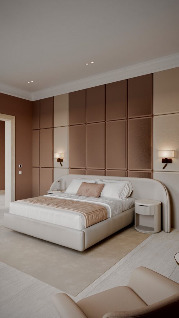 Dormitor modern cu perete teracotă, pat tapițat crem și birou minimalist, design Fabiano Interiors. Amenajare realizată de Fabiano Interiors, expert design interior Oradea.