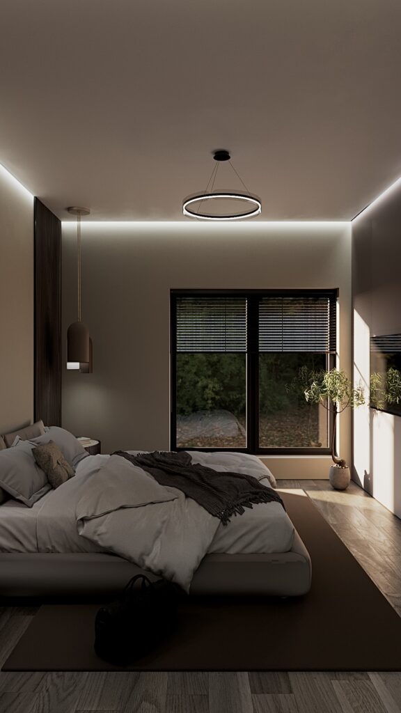 Design interior dormitor modern contemporan cu iluminare indirectă LED, lustră circulară neagră, pat platform gri, perete din lemn nuc, plantă de interior și vedere spre grădină, Fabiano Interiors Amenajare realizată de Fabiano Interiors, expert design interior Oradea.
