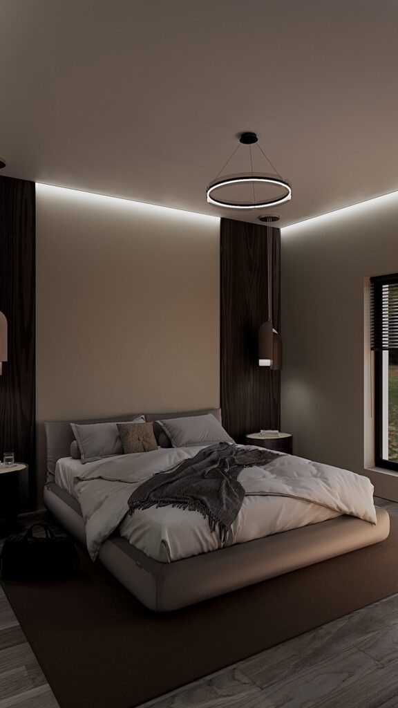 Design interior dormitor modern contemporan cu iluminare indirectă LED, lustră circulară neagră, pat platform gri, perete din lemn nuc, plantă de interior și vedere spre grădină, Fabiano Interiors Amenajare realizată de Fabiano Interiors, expert design interior Oradea.