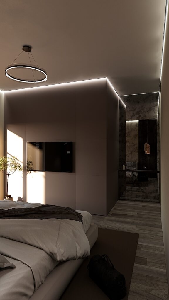 Design interior dormitor modern contemporan cu iluminare indirectă LED, lustră circulară neagră, pat platform gri, perete din lemn nuc, plantă de interior și vedere spre grădină, Fabiano Interiors Amenajare realizată de Fabiano Interiors, expert design interior Oradea.