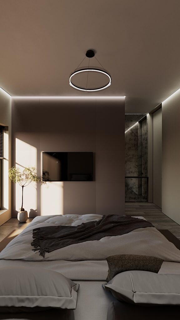 Design interior dormitor modern contemporan cu iluminare indirectă LED, lustră circulară neagră, pat platform gri, perete din lemn nuc, plantă de interior și vedere spre grădină, Fabiano Interiors Amenajare realizată de Fabiano Interiors, expert design interior Oradea.