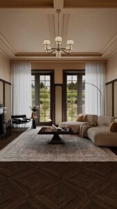 Design interior living cu tavan casetat, canapea modulară crem și parchet din lemn cu model geometric, stil Palat Contemporan de la Fabiano Interiors.