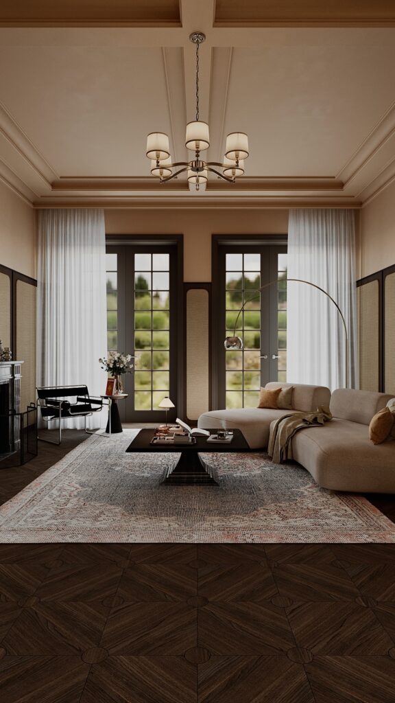 Design interior living cu tavan casetat, canapea modulară crem și parchet din lemn cu model geometric, stil Palat Contemporan de la Fabiano Interiors.