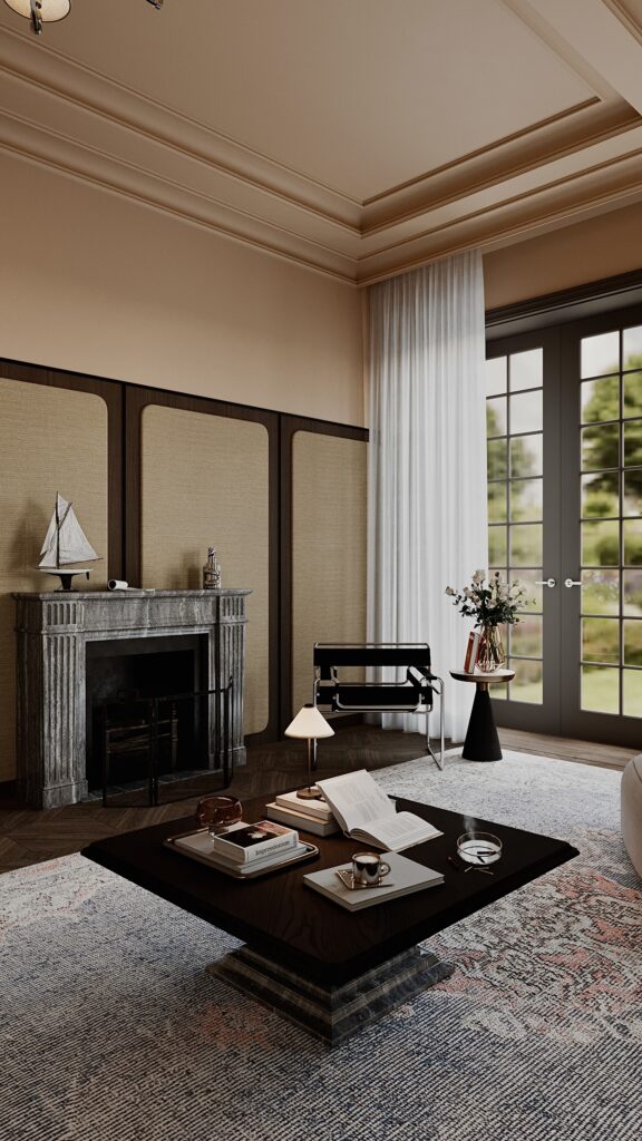 Design interior living clasic contemporan cu șemineu din marmură gri, canapea crem, fotoliu Wassily, panouri textile pe pereți și uși franceze cu vedere la grădină - Fabiano Interiors Oradea